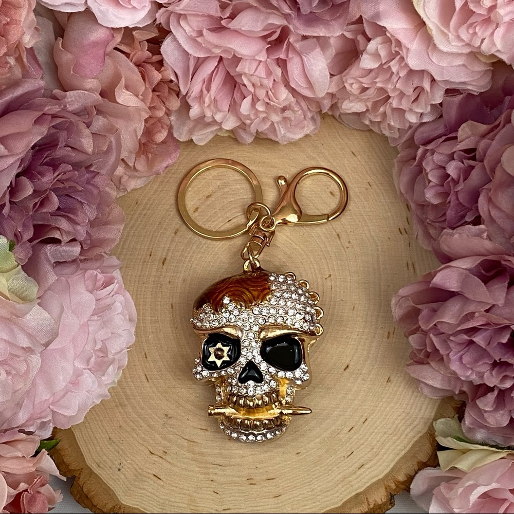 Black & Gold Crystal Pirate Skull Keychain - Picture 7 of 16